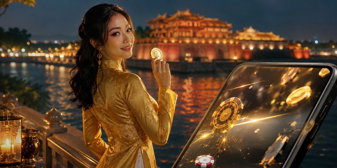 Phụ nữ áo dài Huế sử dụng điện thoại để xem thống kê casino và xổ số trực tuyến
